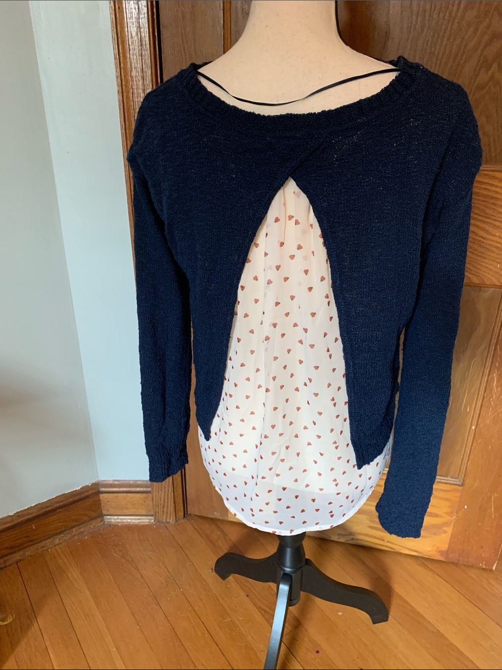 Maison Jules Navy Crewneck Sweater with Cream Layered Hem - Picture 6 of 8